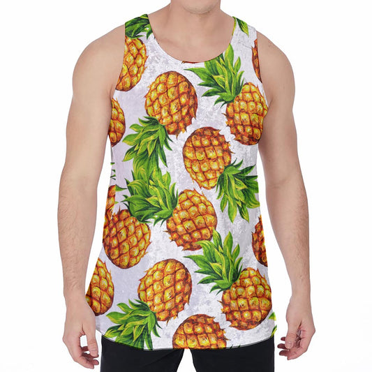 White Summer Pineapple Pattern Print Men's Velvet Tank Top