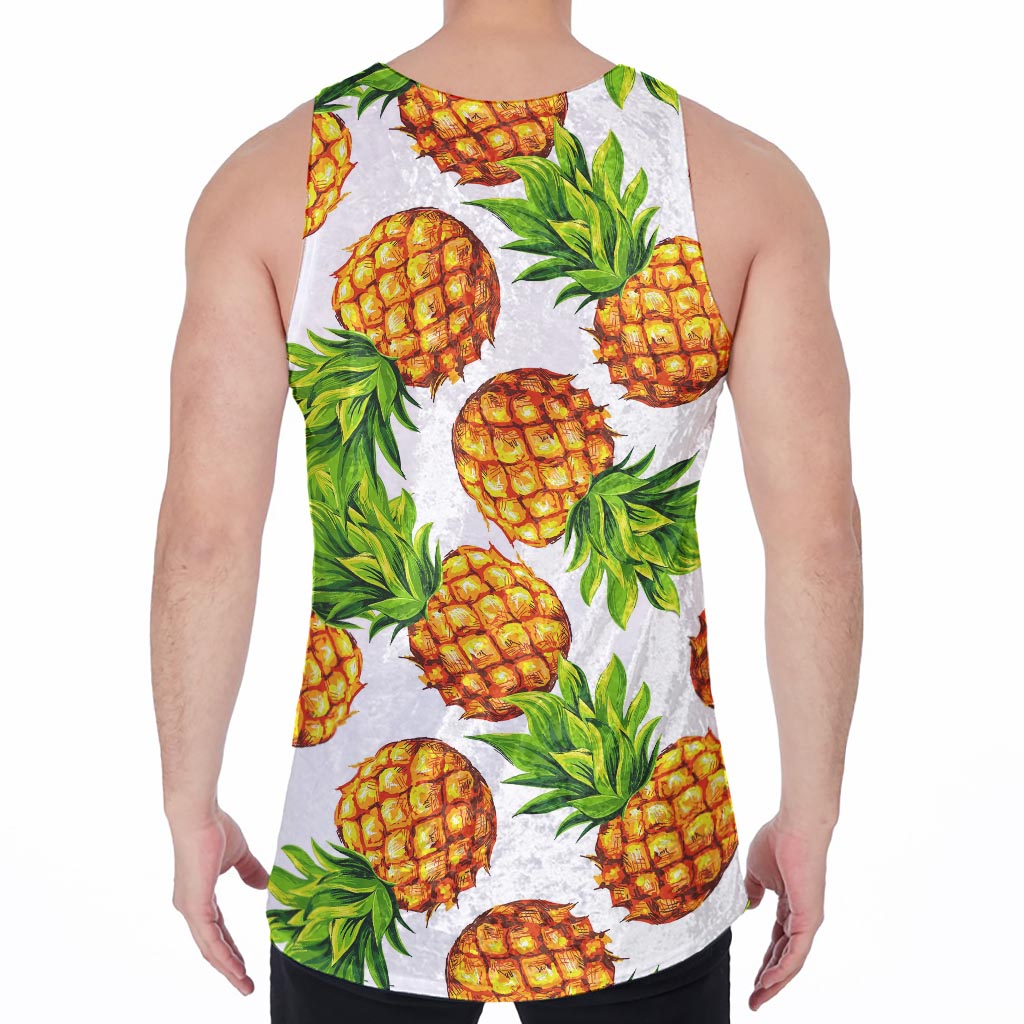 White Summer Pineapple Pattern Print Men's Velvet Tank Top