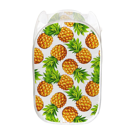 White Summer Pineapple Pattern Print Mesh Laundry Hamper