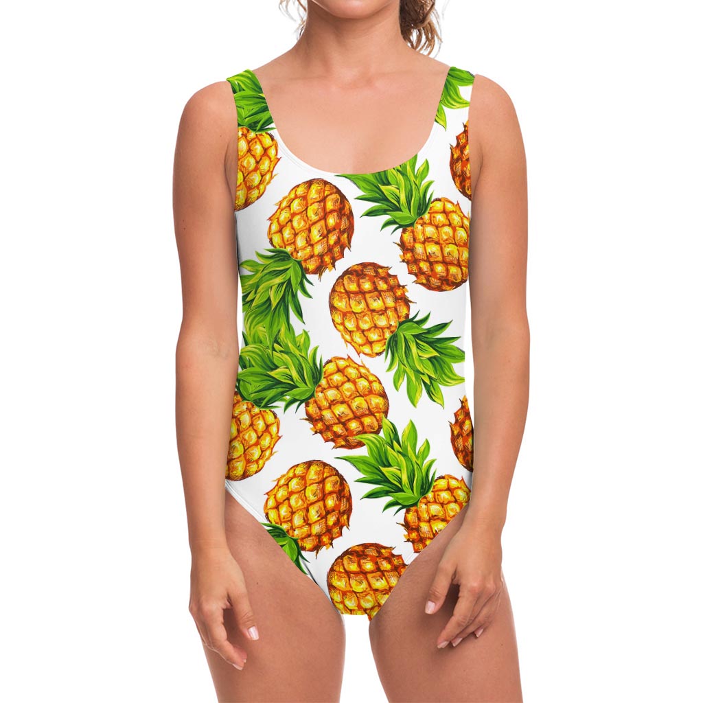 White Summer Pineapple Pattern Print One Piece Swimsuit