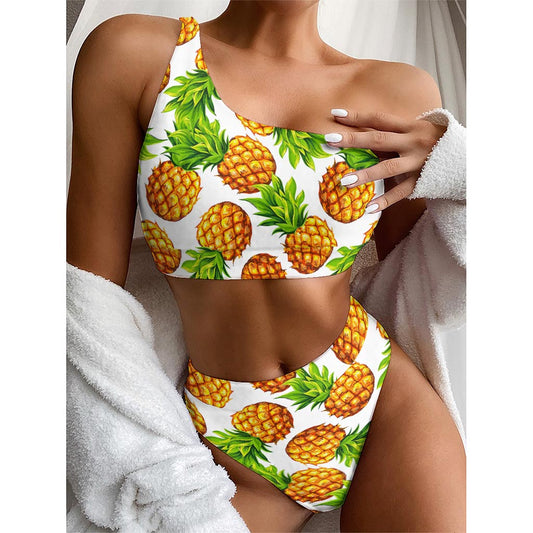 White Summer Pineapple Pattern Print One Shoulder Bikini Top