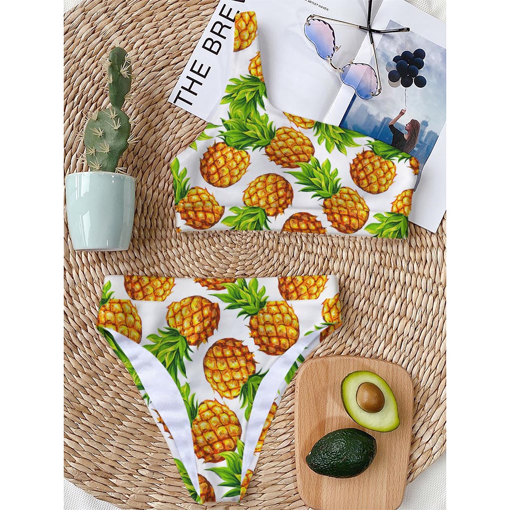 White Summer Pineapple Pattern Print One Shoulder Bikini Top