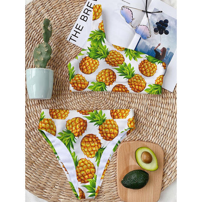 White Summer Pineapple Pattern Print One Shoulder Bikini Top
