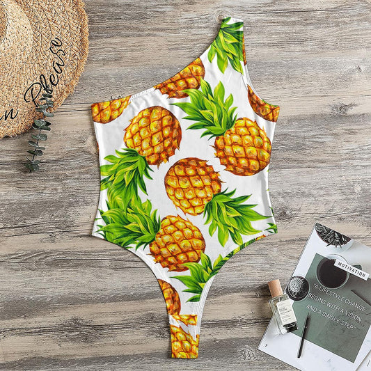 White Summer Pineapple Pattern Print One Shoulder Bodysuit
