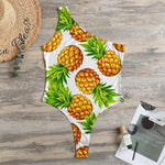 White Summer Pineapple Pattern Print One Shoulder Bodysuit