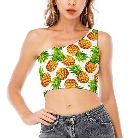 White Summer Pineapple Pattern Print One Shoulder Crop Top