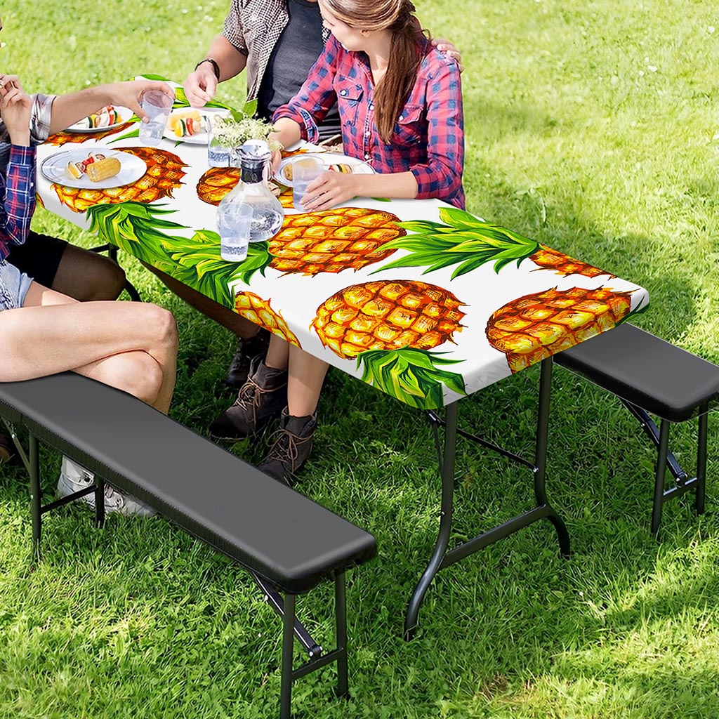 White Summer Pineapple Pattern Print Picnic Table Cover