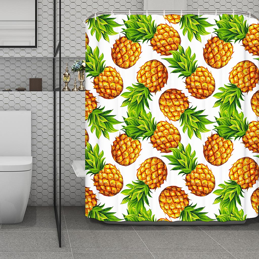 White Summer Pineapple Pattern Print Polyester Shower Curtain