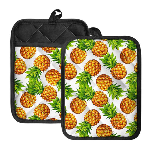 White Summer Pineapple Pattern Print Pot Holders With Pocket