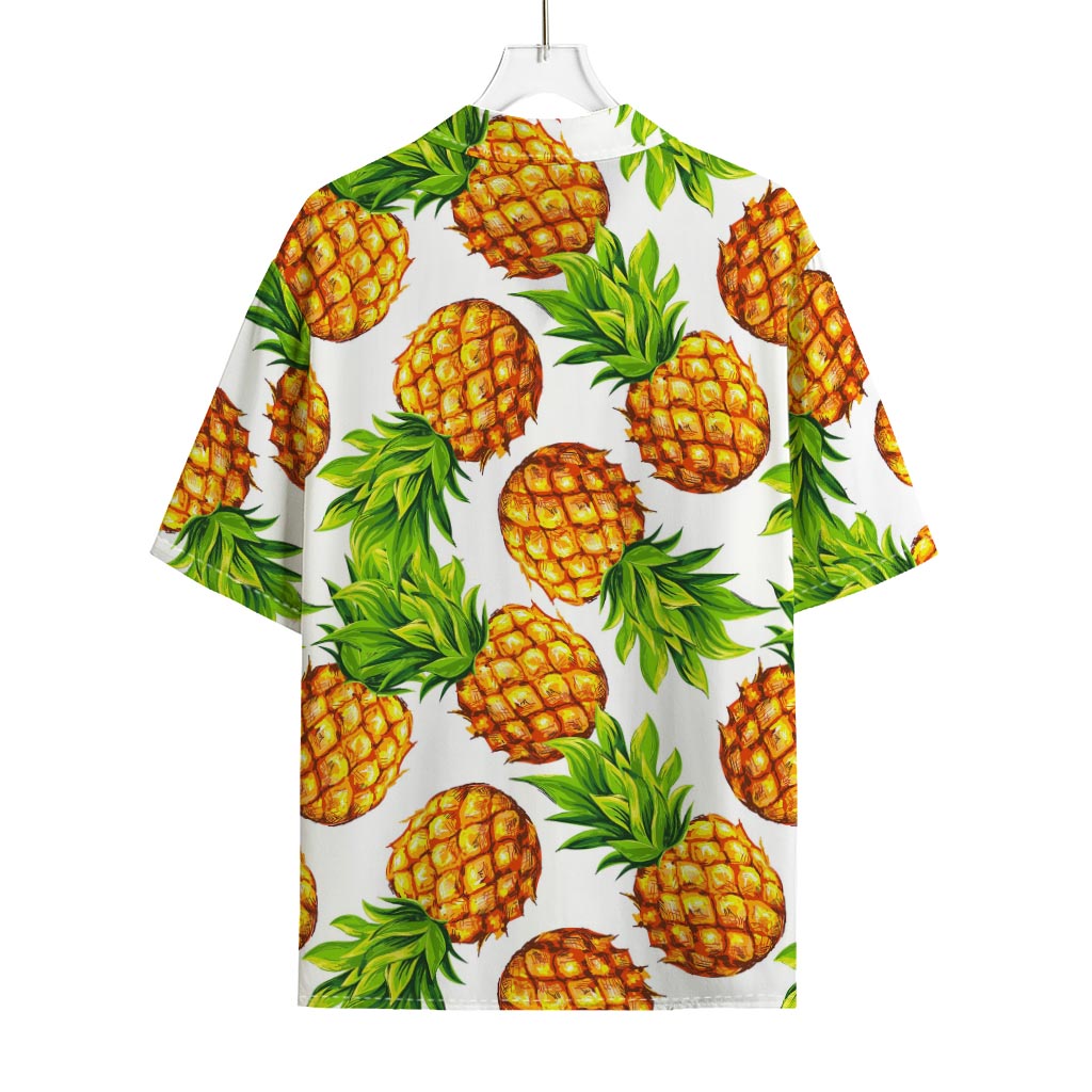 White Summer Pineapple Pattern Print Rayon Hawaiian Shirt