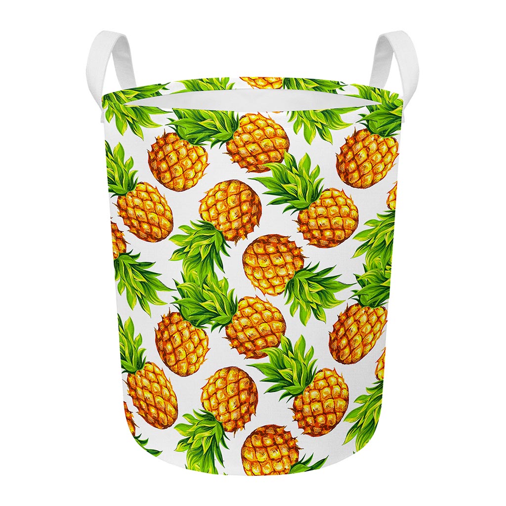 White Summer Pineapple Pattern Print Round Laundry Basket
