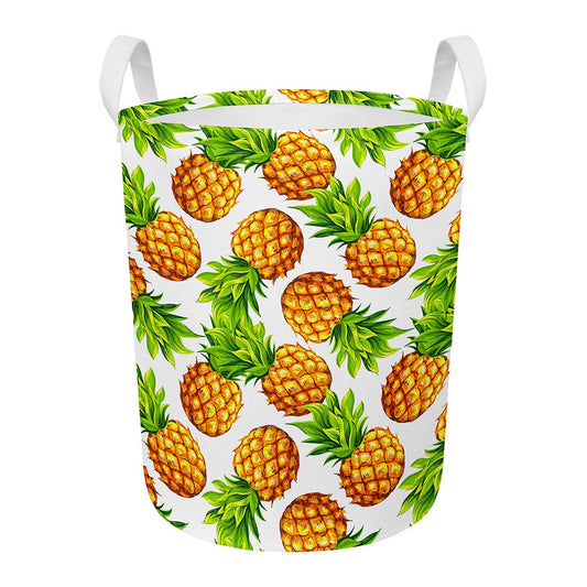 White Summer Pineapple Pattern Print Round Laundry Basket