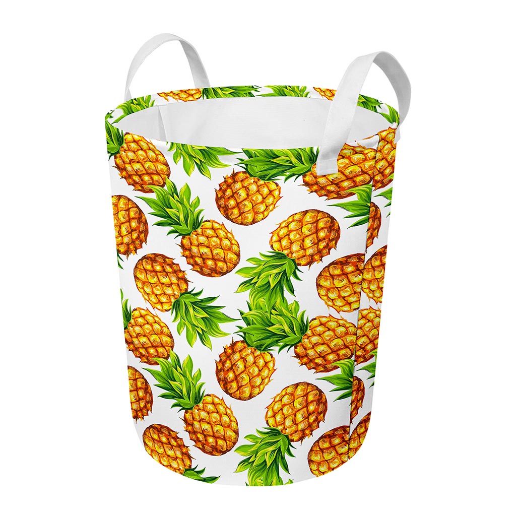 White Summer Pineapple Pattern Print Round Laundry Basket
