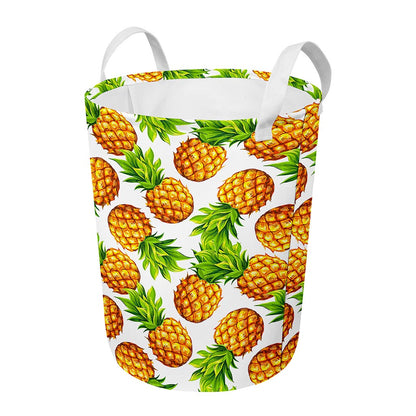 White Summer Pineapple Pattern Print Round Laundry Basket
