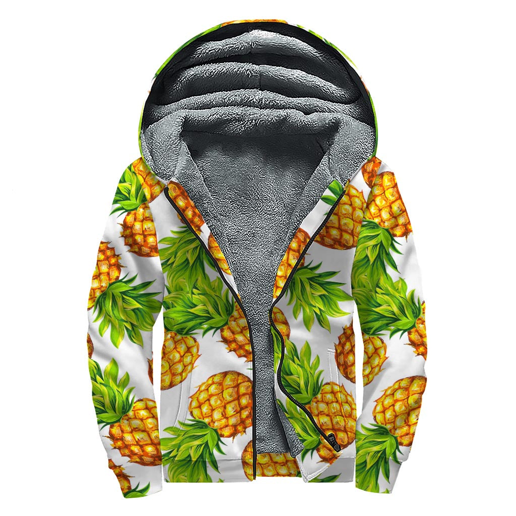 White Summer Pineapple Pattern Print Sherpa Lined Zip Up Hoodie