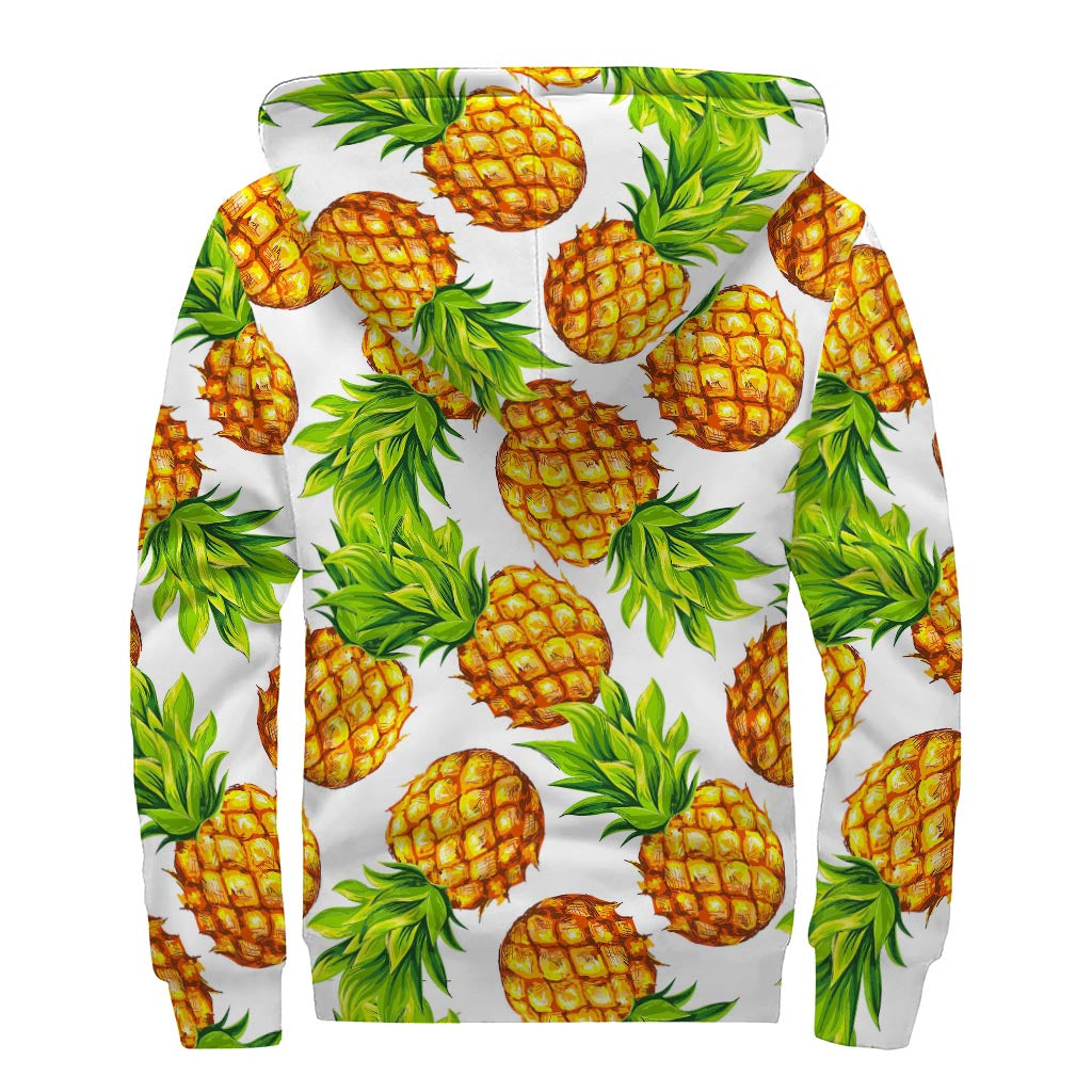 White Summer Pineapple Pattern Print Sherpa Lined Zip Up Hoodie