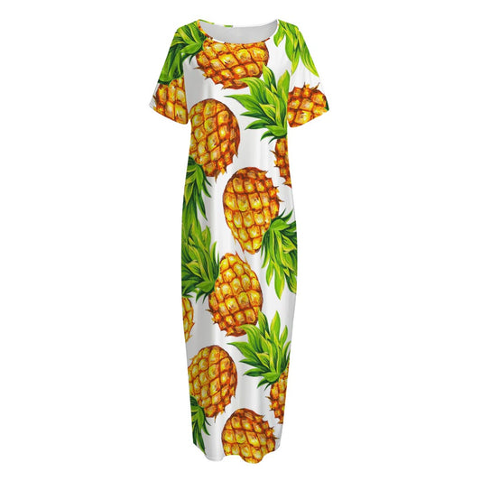 White Summer Pineapple Pattern Print Short Sleeve Long Nightdress