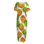 White Summer Pineapple Pattern Print Short Sleeve Long Nightdress