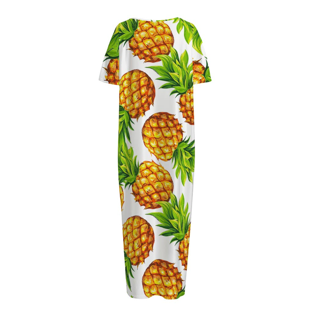 White Summer Pineapple Pattern Print Short Sleeve Long Nightdress