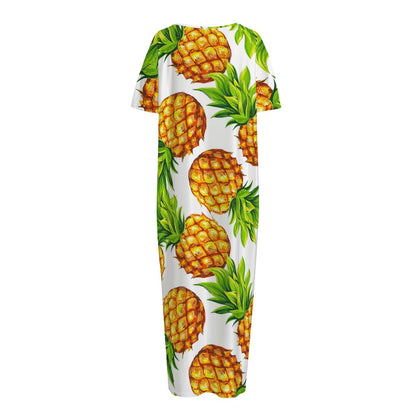 White Summer Pineapple Pattern Print Short Sleeve Long Nightdress