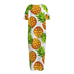 White Summer Pineapple Pattern Print Short Sleeve Long Nightdress