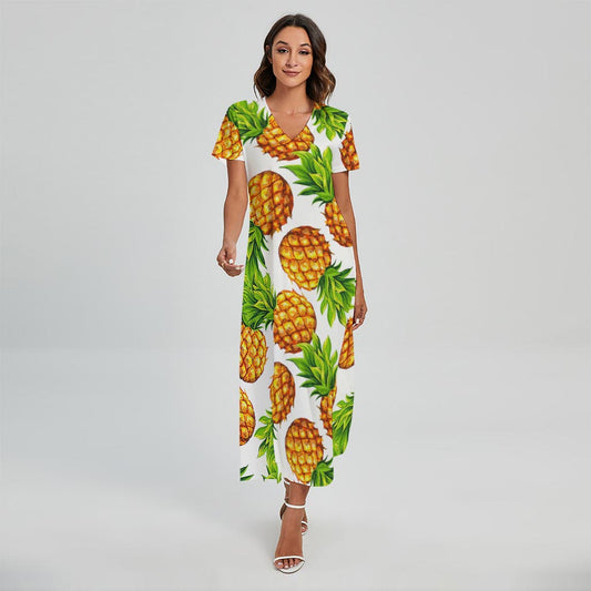 White Summer Pineapple Pattern Print Short Sleeve Maxi Dress