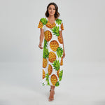 White Summer Pineapple Pattern Print Short Sleeve Maxi Dress