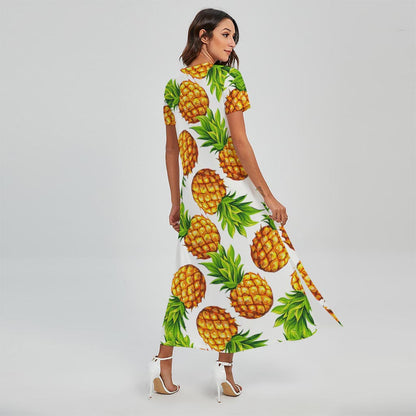 White Summer Pineapple Pattern Print Short Sleeve Maxi Dress