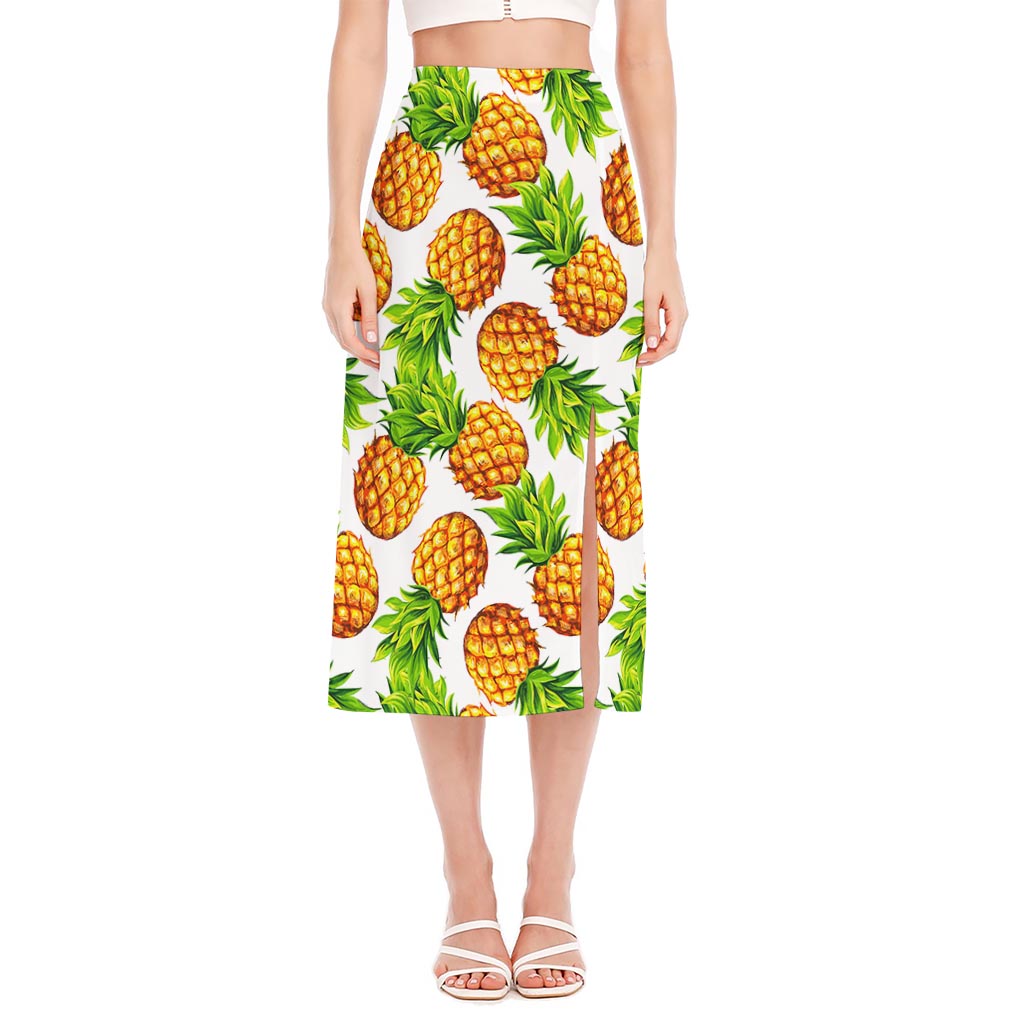 White Summer Pineapple Pattern Print Side Slit Midi Skirt