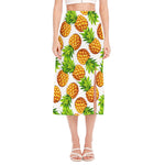 White Summer Pineapple Pattern Print Side Slit Midi Skirt