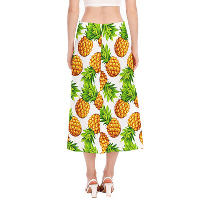 White Summer Pineapple Pattern Print Side Slit Midi Skirt