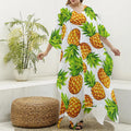 White Summer Pineapple Pattern Print Silk V-Neck Kaftan Dress