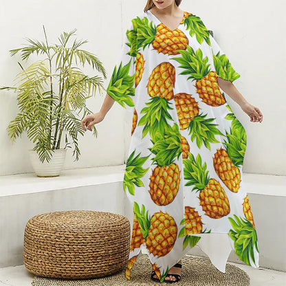 White Summer Pineapple Pattern Print Silk V-Neck Kaftan Dress