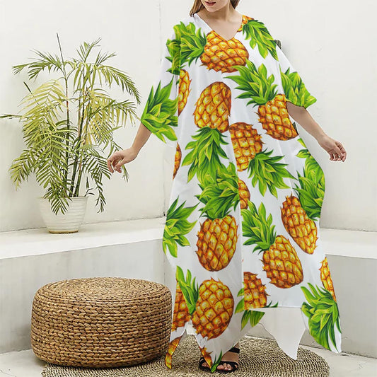 White Summer Pineapple Pattern Print Silk V-Neck Kaftan Dress