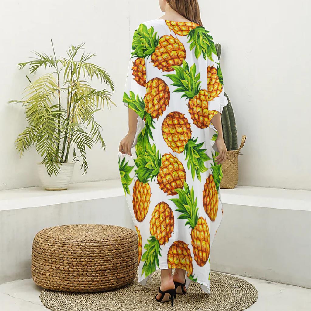 White Summer Pineapple Pattern Print Silk V-Neck Kaftan Dress