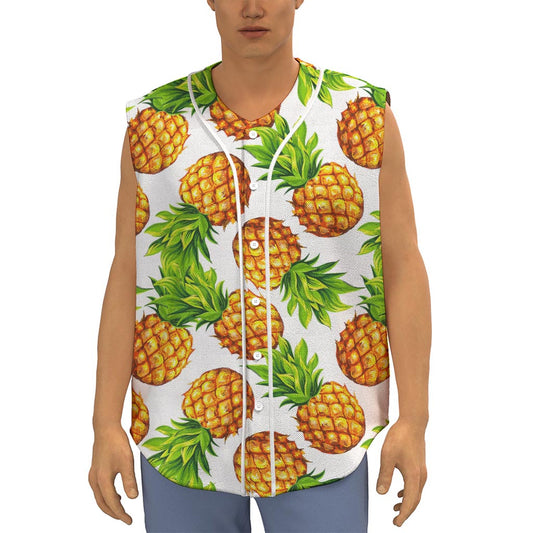 White Summer Pineapple Pattern Print Sleeveless Baseball Jersey