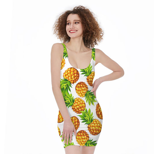White Summer Pineapple Pattern Print Sleeveless Bodycon Dress