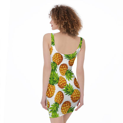 White Summer Pineapple Pattern Print Sleeveless Bodycon Dress