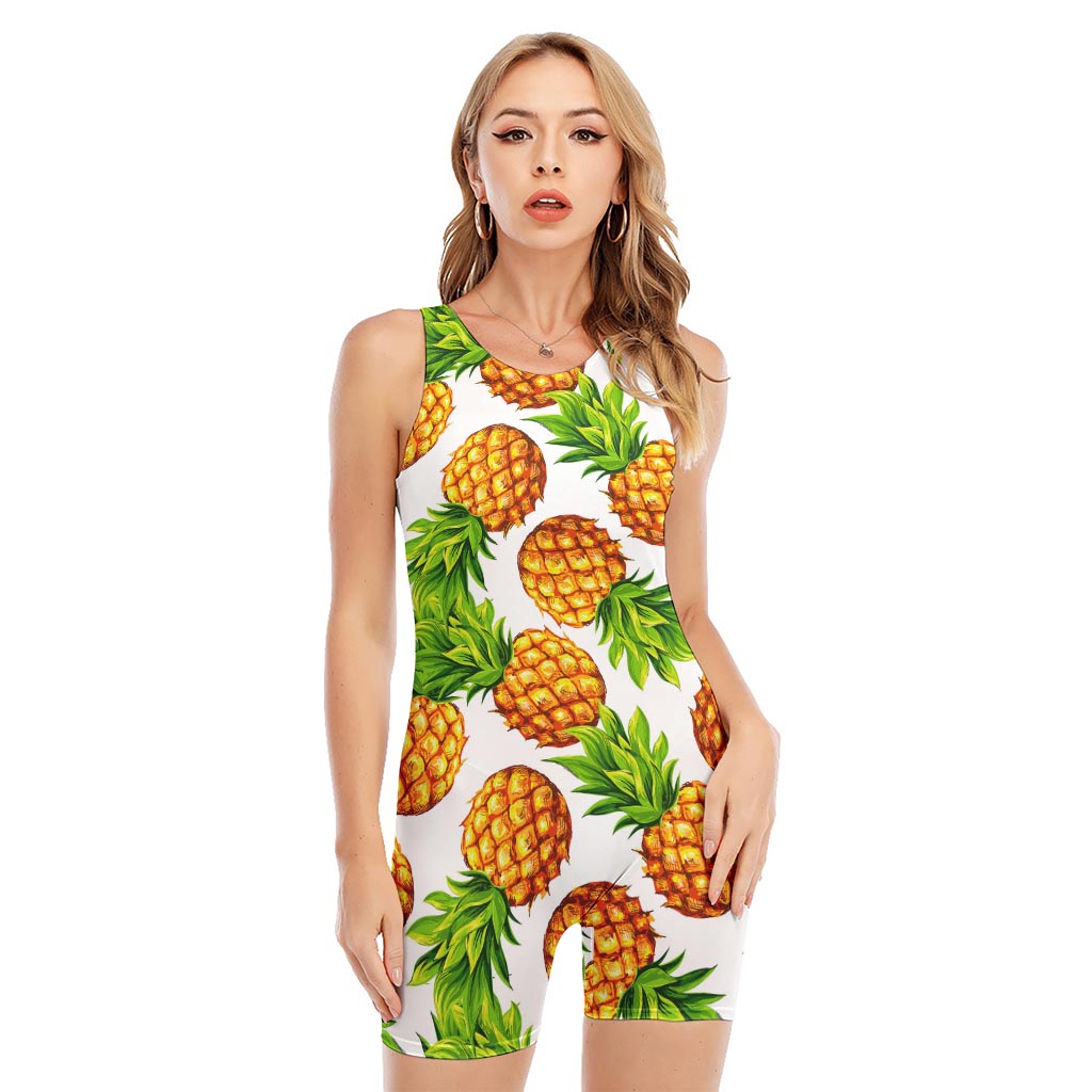 White Summer Pineapple Pattern Print Sleeveless One Piece Swimsuit