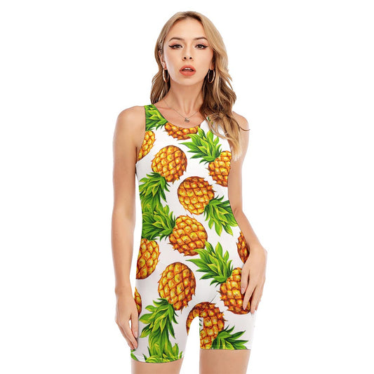 White Summer Pineapple Pattern Print Sleeveless One Piece Swimsuit