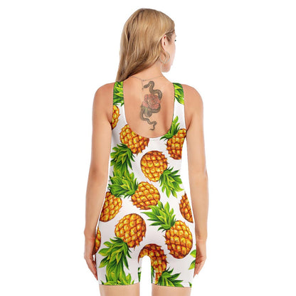 White Summer Pineapple Pattern Print Sleeveless One Piece Swimsuit