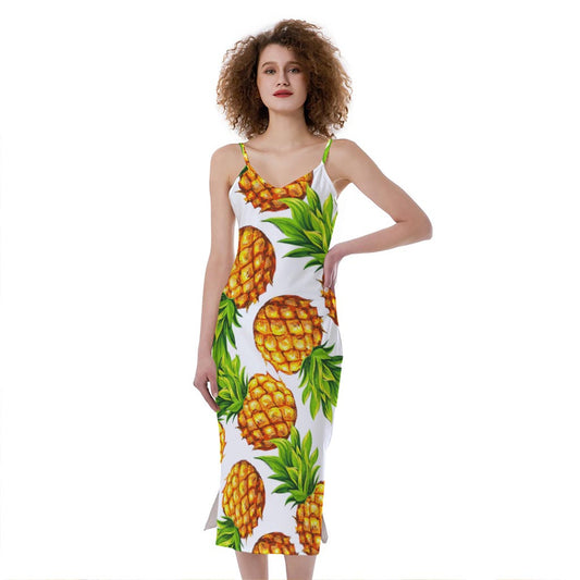 White Summer Pineapple Pattern Print Slim Fit Midi Cami Dress