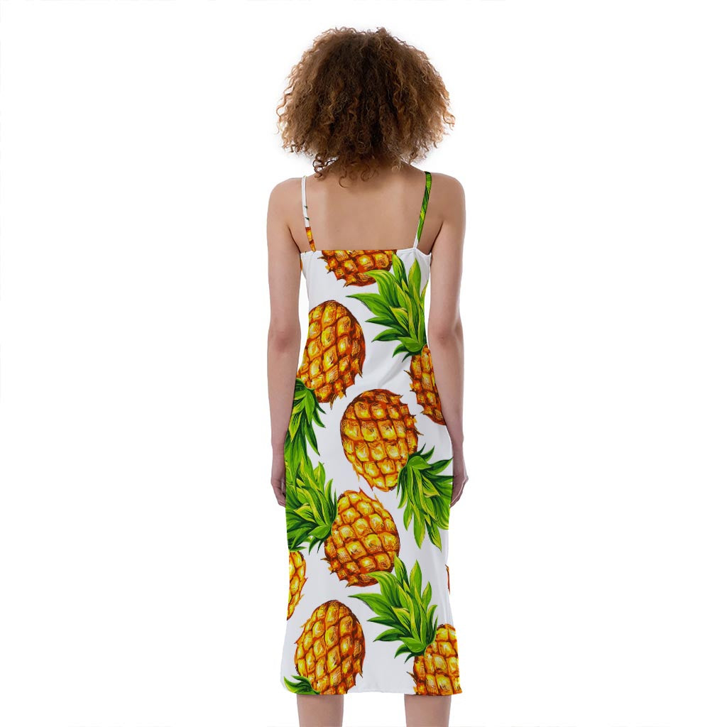 White Summer Pineapple Pattern Print Slim Fit Midi Cami Dress