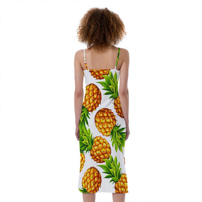 White Summer Pineapple Pattern Print Slim Fit Midi Cami Dress
