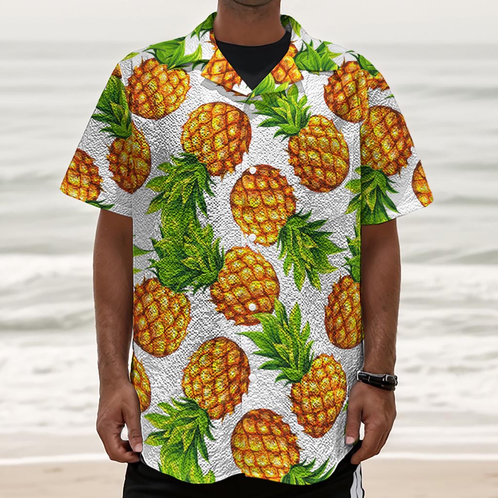White Summer Pineapple Pattern Print Textured Short Sleeve Shirt