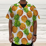 White Summer Pineapple Pattern Print Textured Short Sleeve Shirt