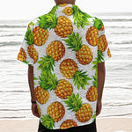 White Summer Pineapple Pattern Print Textured Short Sleeve Shirt