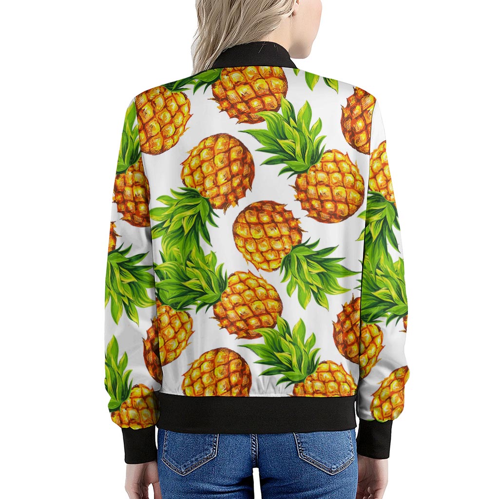 White Summer Pineapple Pattern Print Women's Bomber Jacket