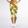 White Summer Pineapple Pattern Print Women's Capri Leggings