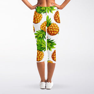 White Summer Pineapple Pattern Print Women's Capri Leggings